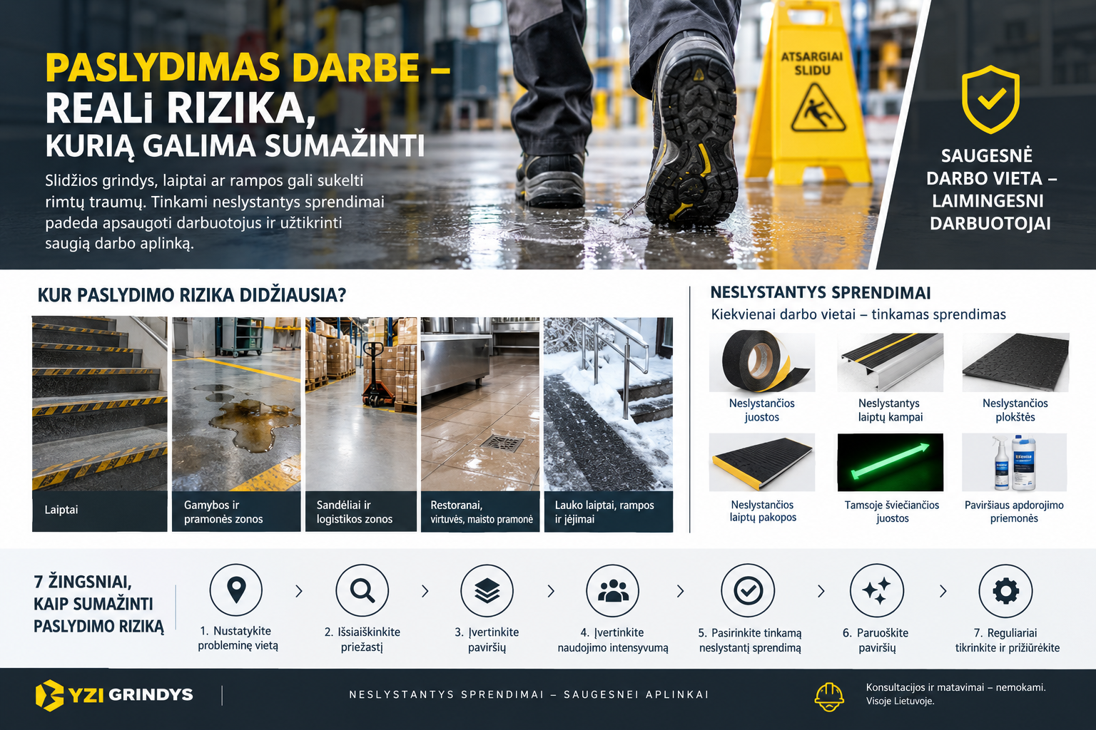 Paslydimas darbe: kaip sumažinti slydimo riziką ir apsaugoti darbuotojus?